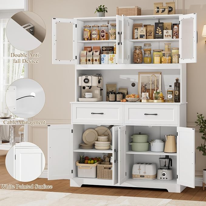 BOTLOG 71" Large Pantry Storage Cabinet with Microwave Stand | Tall Hutch Cabinet with Glass Doors 8 Storage Compartments for Dining Room, Modern White - Image 7