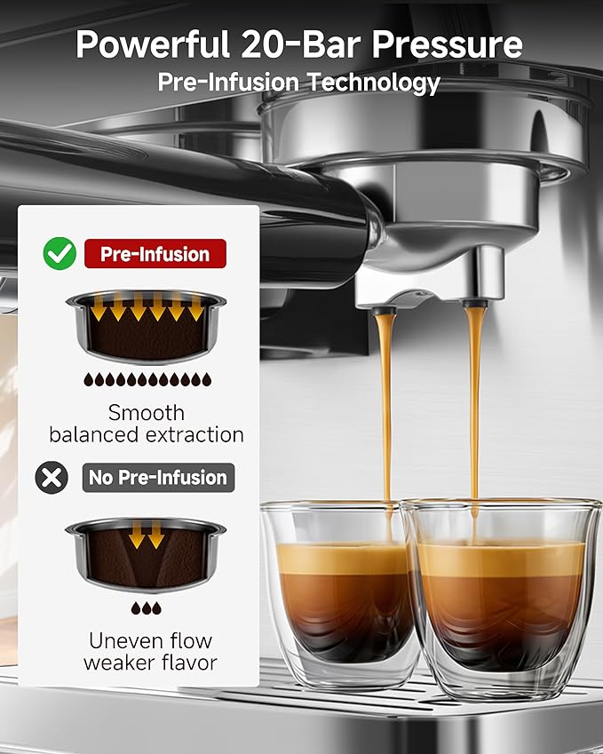 Espresso Machine with Grinder,20 Bar,44 Grind Setting,Milk Frother | Stainless Steel Coffee Machine,Easy-Clean,PID Temp Control,Built-in Grinder, Latte,Cappuccino,Americano & Hot/Cold Brew - Image 5