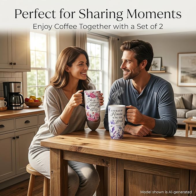 Topadorn Christian Mug Gift Set of 2, 17oz Ceramic Travel Mug | Proverbs 31:25 & Joshua 24:15 Bible Verse Coffee Cups, Gift Boxes Included - Image 4