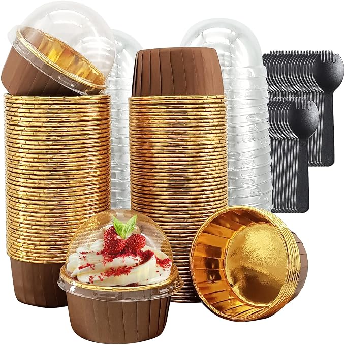 Foil Cupcake Liners With Dome Lids 100 Pack,LNYZQUS 5.5 Oz Muffin Cups Muffin Tins,Disposable Ramekins Cupcake Cups Wrappers Holders,Large Muffin Liners Baking Cups,with Spoons-Brown in Gold by LNYZQUS