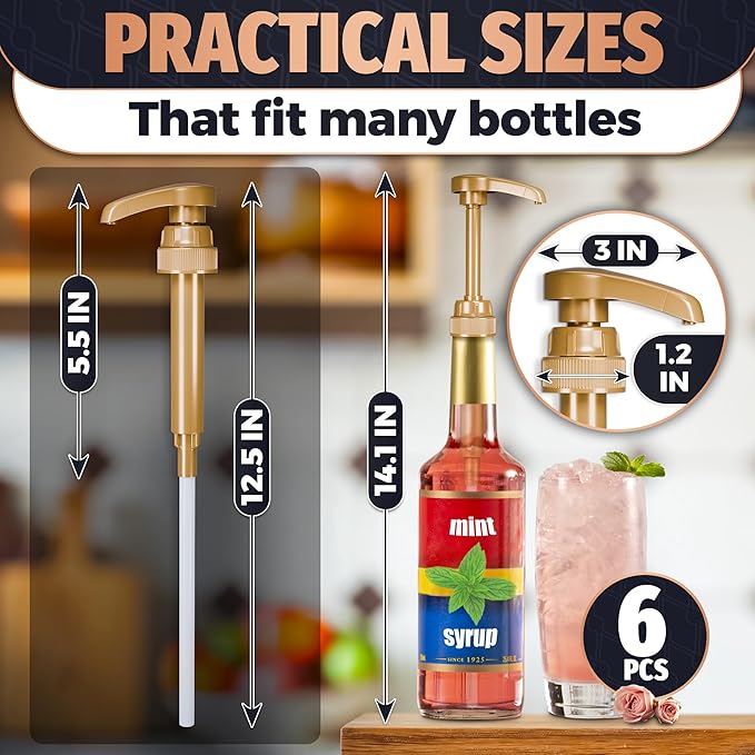 6-Pack Coffee Syrup Pump Dispenser - 11.54" Coffee Syrup Pumps for Coffee Bar, Fits Various 25.4 oz Bottles (750ml), Durable and Easy to Clean, Leak-Resistant Design, for Home & Commercial Use