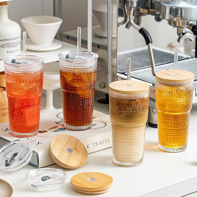 SoulTimes 20oz Hobnail Glass Tumbler with Bamboo Lids and Straws - Iced Coffee Glass Cups for Smoothie, Matcha, Juice, Water etc. Leakproof and Reusable Glassware Drinking for Travel To Go [4 Pcs] - Image 2