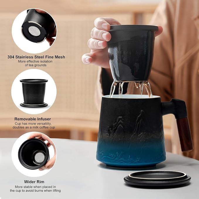 suyika Ceramic Tea Cup with Infuser and Lid, Gradient Embossed Large Tea Mug Wooden Handle for Steeping Loose Leaf, Tea Lover Gifts 15.2 oz / 450 ml,Black & Cyan - Image 2