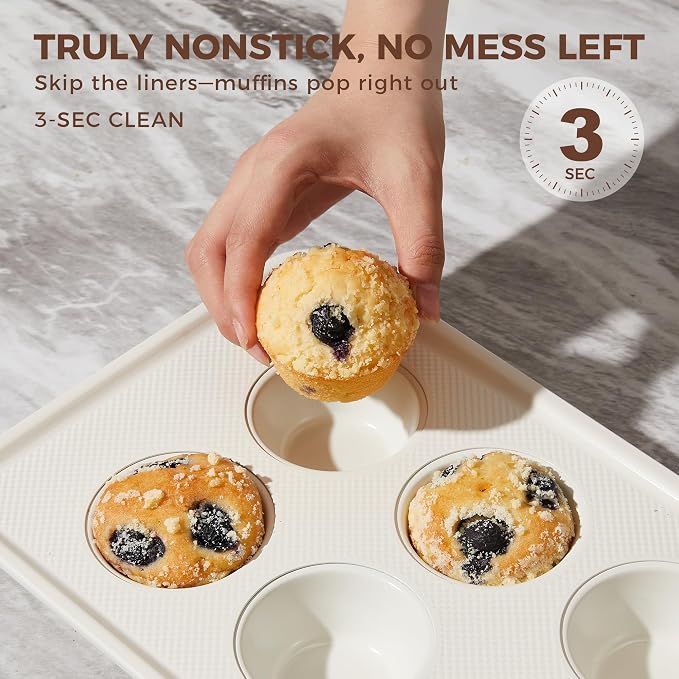 Nonstick Ceramic Muffin Pan, 6 Cup Muffin tin for Baking, Non-toxic Cupcake Pan, Heavy-duty Aluminized Steel Cupcake Tray with Diamond Texture, Easy To Clean, Cream - Image 5