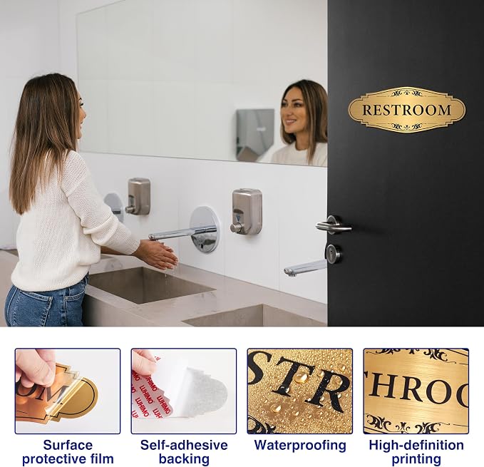 Restroom Sign Sticker for Business & Home, Self-Adhesive Brushed Gold | Elegant Bathroom Signs for Door, Durable & Waterproof Unisex Restroom Signage for House Toilet, Office, Store, Shop - Image 8