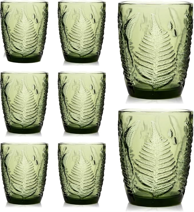Green Drinking Glasses Set of 8, 10 oz Glass Cups, Vintage Fern Glassware | Hand-Pressed, Dishwasher Safe, Boho Leaf-Textured Drinkware, Colored Embossed Lowball Tumblers for Water, Retro Kitchen Gift by QELVIO