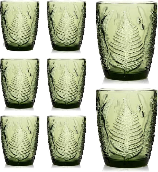 Green Drinking Glasses Set of 8, 10 oz Glass Cups, Vintage Fern Glassware | Hand-Pressed, Dishwasher Safe, Boho Leaf-Textured Drinkware, Colored Embossed Lowball Tumblers for Water, Retro Kitchen Gift by QELVIO