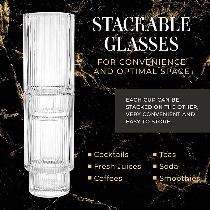 Kitchen Lux Ribbed Drinking Glasses - Ribbed Glass Cups 12 oz - Ribbed Glassware Set of 6 - Textured Vintage Retro Ripple Aesthetic Glass Ware for Whiskey Cocktail Beer Water, Coffee Bar Accessories - Image 3