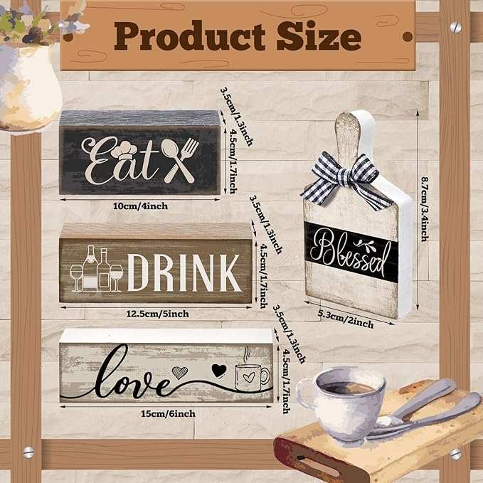Moucuny 4 Pcs Farmhouse Kitchen Decor Wooden Plate Farmhouse Table Decor Black Brown and White Plate Tableware Centerpiece Rustic Decorative Plates Block Sign for Display Cabinet Kitchen Decoration - Image 3