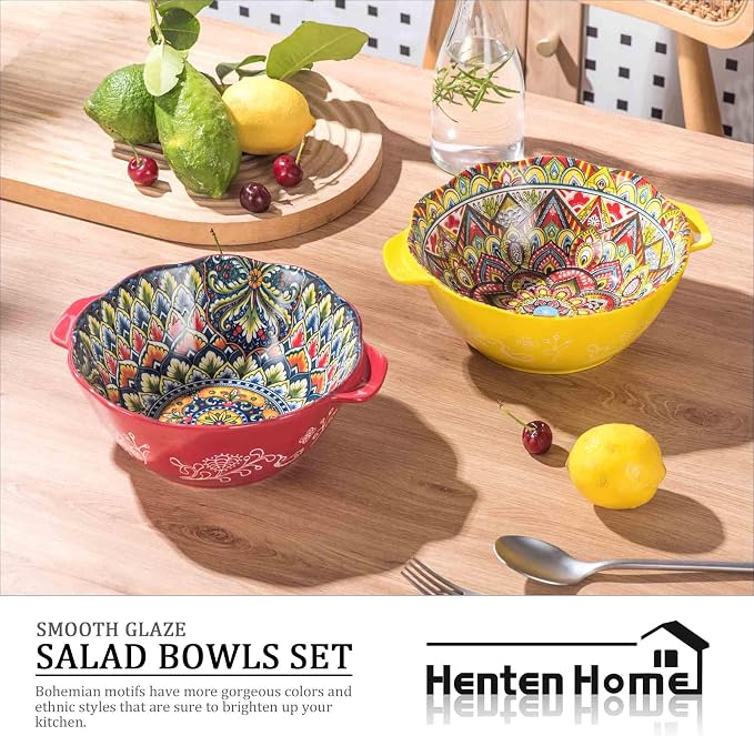 Henten Home Bohemia Large Bowls with Handle, 49 oz Ceramic Soup Bowl Set of 2, Porcelain Pho Bowl, Floral Noodle Bowls Set for Kitchen, Ramen, Udon, Microwave & Dishwasher Safe - Image 5