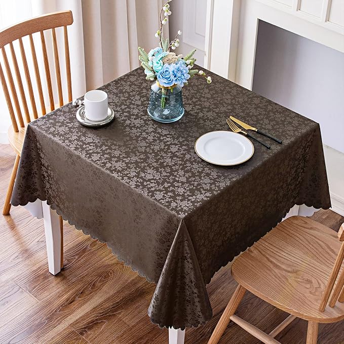 Smiry Square Waterproof Heavy Duty Vinyl Tablecloths, 54 x 54 Inch | Wipeable Washable Floral Embossed Table Cover for Kitchen and Dining Room, Indoor & Outdoor Use, Coffee - Image 6