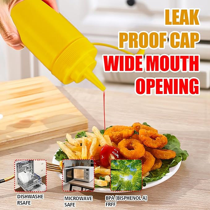 Squeeze Bottles for Sauces,Leak-Proof Condiment Dispenser, BPA-Free Kitchen Restaurant Squeeze Bottle Set with Wide Mouth for Ketchup, Mustard,Syrup,Dressings (Yellow, 4Pack-32oz(900ml))