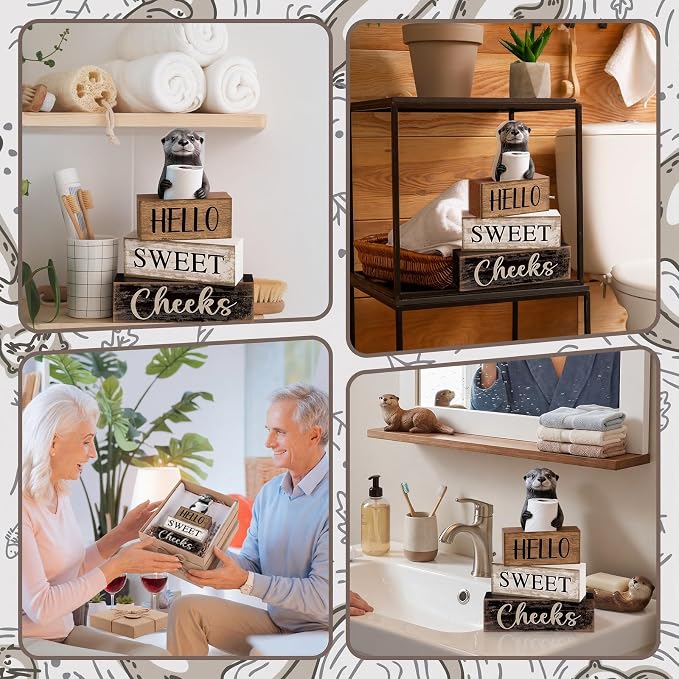 Moucuny 4 Pcs Otter Bathroom Decor Set Farmhouse Bathroom Decor and Accessories Rustic Hello Sweet Cheeks Wooden Blocks Signs with Toilet Paper Funny Toilet Shelf Decoration for Home Office Half Bath - Image 4