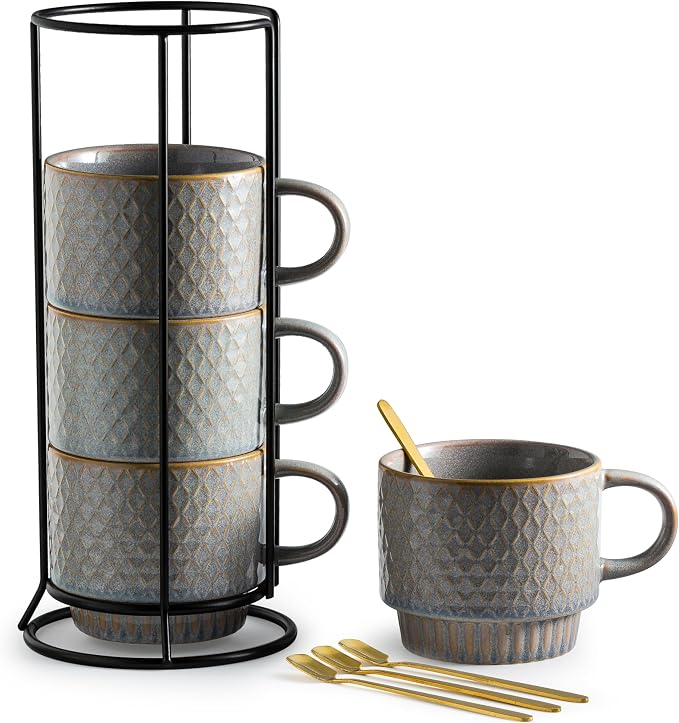 Gomakren Stackable Coffee Mugs Set of 4 Coffee Cups with Stand, Light Gray | 13oz Ceramic Embossed Grid Mugs, Black Metal Storage Rack, Lead-Free Dishwasher Safe, with Gold Spoons for Home Coffee Bar by Gomakren
