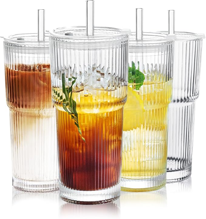 Puraville 4 Pack Glass Cups with Lids and Straws, 20oz, Ribbed Pattern | Reusable Thick Iced Coffee Tumblers for Juice Cold Drinks, Leak Proof Glassware for Summer by Puraville