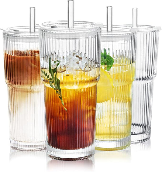 Puraville 4 Pack Glass Cups with Lids and Straws, 20oz, Ribbed Pattern | Reusable Thick Iced Coffee Tumblers for Juice Cold Drinks, Leak Proof Glassware for Summer by Puraville