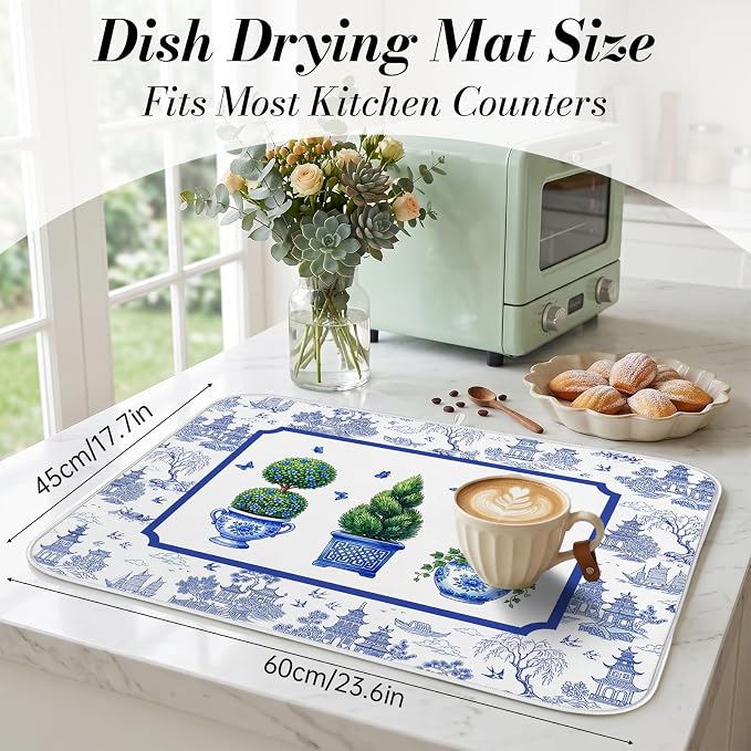 Chinese Blue White Dish Drying Mat for Kitchen Counter Coffee Bar 18x24 in | Chinese Aesthetic Non Slip Absorbent Kitchen Dishes Drainer Mat, with Anti-slip Rubber Backing & Hanging Loop, for Sink - Image 2