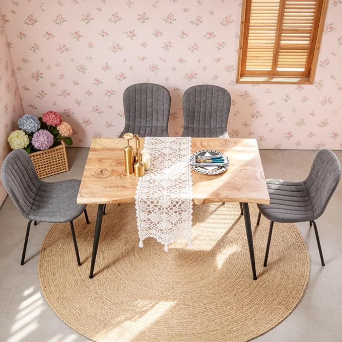 Rectangle Dining Table Set for 4 with Grey PU Leather Chairs | 5-Piece Mid-Century Modern Set, Irregular MDF Table, Wood Grain, Space-Saving for Small Spaces, Dining Rooms, Easy Clean - Image 5