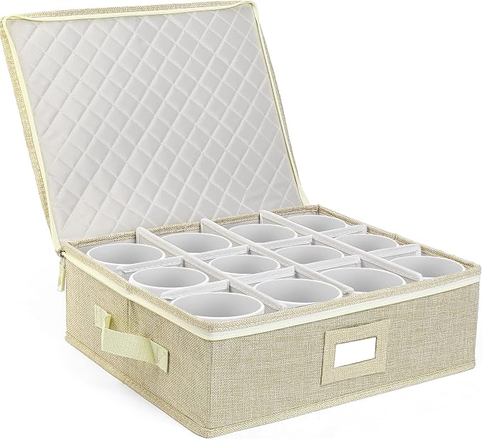 LotFancy Cup and Mug Storage Box, Hard Shell, China Coffee Mug Storage Container for Moving, Holds 12 Tea Cups, with Dividers & Handles, Beige by LotFancy