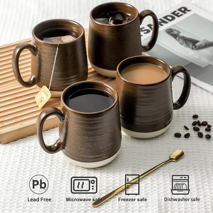 HASENSE Ceramic Coffee Mug Set of 4, 15 oz Coffee Cups with Big Handles, Large Latte Mugs for Men and Women, Christmas Cups for Tea, Hot Cocoa, Latte, Cappuccino, Dishwasher Microwave Safe, Brown - Image 5