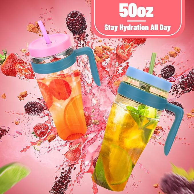 Hydraful 50 oz Tritan Plastic Tumbler with Lid and Straw and Handle - 100% Leak-Proof - Perfect for Iced Coffee, Smoothies, and Juice - Wide Mouth Reusable Water Bottle with Time Marker