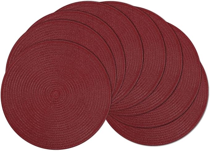 SHACOS Round Placemats Set of 8 for Dining Table 15 inch Round Braided Place Mats Cotton Polyester Washable Non Slip Kitchen Table Mats, Burgundy by SHACOS