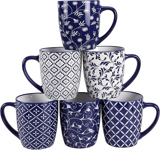 18 OZ Coffee Mugs Set of 6, Geometric Porcelain Large Mug for Man Woman | Blue and White Floral Ceramic Cup for Latte, Tea, Water, Cappuccino, Mocha, Cocoa, Housewarming Wedding Mug Present by Schliersee