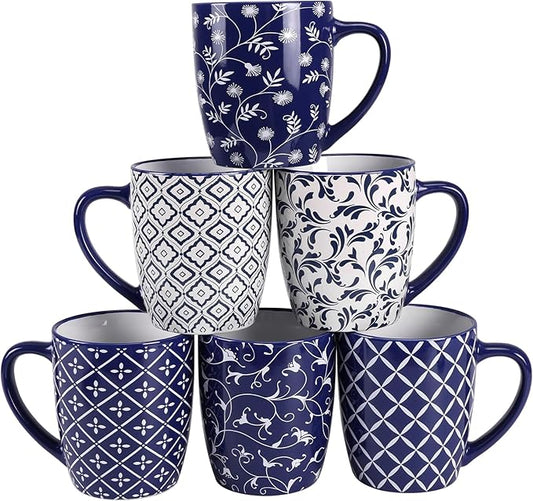 18 OZ Coffee Mugs Set of 6, Geometric Porcelain Large Mug for Man Woman | Blue and White Floral Ceramic Cup for Latte, Tea, Water, Cappuccino, Mocha, Cocoa, Housewarming Wedding Mug Present by Schliersee