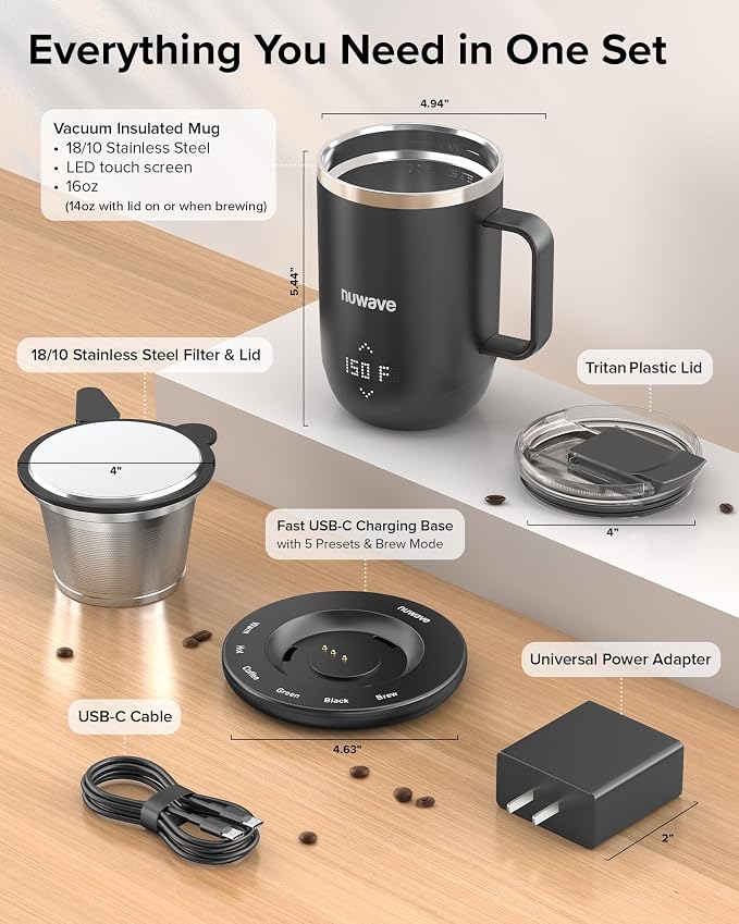 Nuwave Self-Heating Coffee Mug with Charging Base, 16oz, 45201BV02 | Heated Coffee Cup, 5Hr Cordless Runtime, LED Touch Controls, Adjustable Brew Settings, Includes Stainless Steel Filter - Image 12