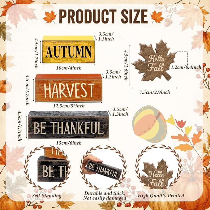 Moucuny 4 Pcs Fall Decor Wooden Maple Leaf Decoration Thanksgiving Tiered Tray Decor Rustic Wooden Maple Leaf Block Sign Thanksgiving Table Centerpiece Farmhouse for Autumn Harvest Party Kitchen Home - Image 3