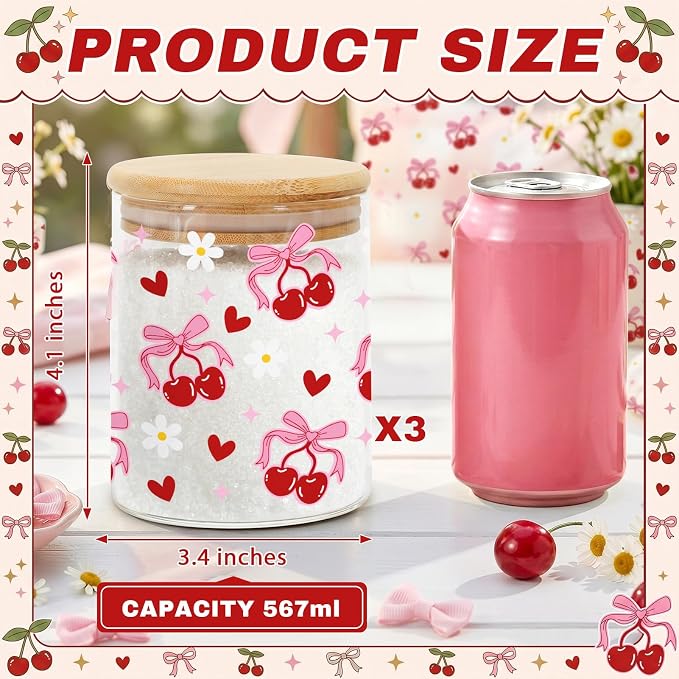 Pink Cherry Glass Storage Jars with Lids, Candy Cookie Jars, 3 Pcs | Pink Cherry Candy Cookie Jars Gift Bow Coquette Kitchen Decor Canister Cute Kitchen Containers Gifts for Sugar - Image 3