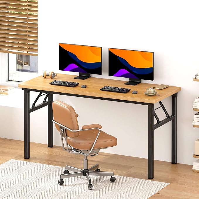DlandHome 54.3 Inch Large Folding Computer Desk, Fully Assembled Teak Black | Foldable Writing Table, Portable Activity Conference Table for Home Office, Wood Top Metal Frame, Collapsible Easy Storage - Image 2