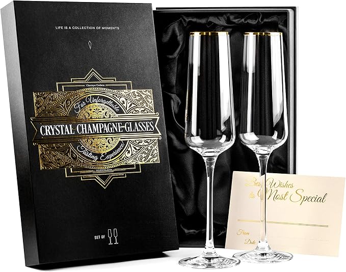 Gold Rim Champagne Gift Glasses | Set of 2 | Crystal Square Toasting Flutes for Bride and Groom, Wedding, Anniversary, Birthday | Elegant Long Stemmed Glassware for Sparkling Wine, Prosecco by GlassiqueCadeau