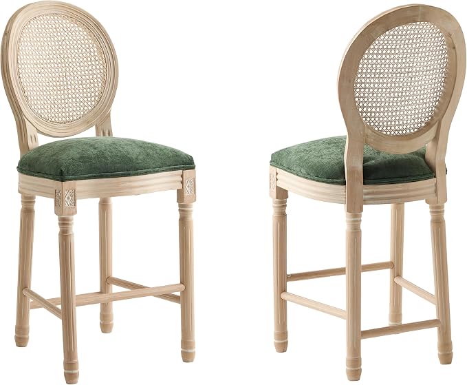 French Country Barstool, Linen Farmhouse Counter Height Chair | Set of 2, with Rattan Round Back and Solid Wood Legs, Oval Chairs for Restaurant, Bar, Kitchen, Café, Green by RCDDFurniture