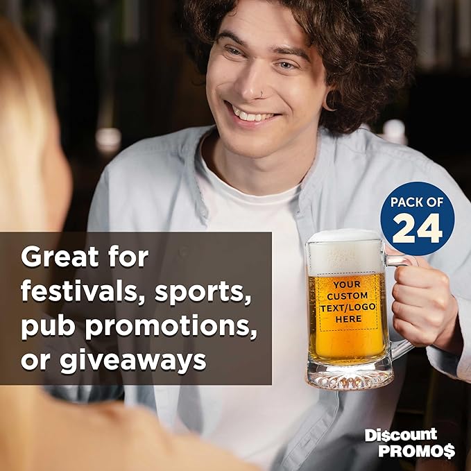 DISCOUNT PROMOS Custom ARC Glass Beer Mugs 25 oz. Set of 24, Personalized Bulk Pack - Great for Octoberfest, Pub, Restaurant - Clear