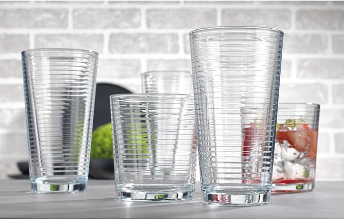 Le'raze Set of 16 Heavy Base Ribbed Durable Drinking Glasses Includes 8 Cooler Glasses (17oz) and 8 Rocks Glasses (13oz), Clear Glass Cups - Elegant Glassware Set - Image 2