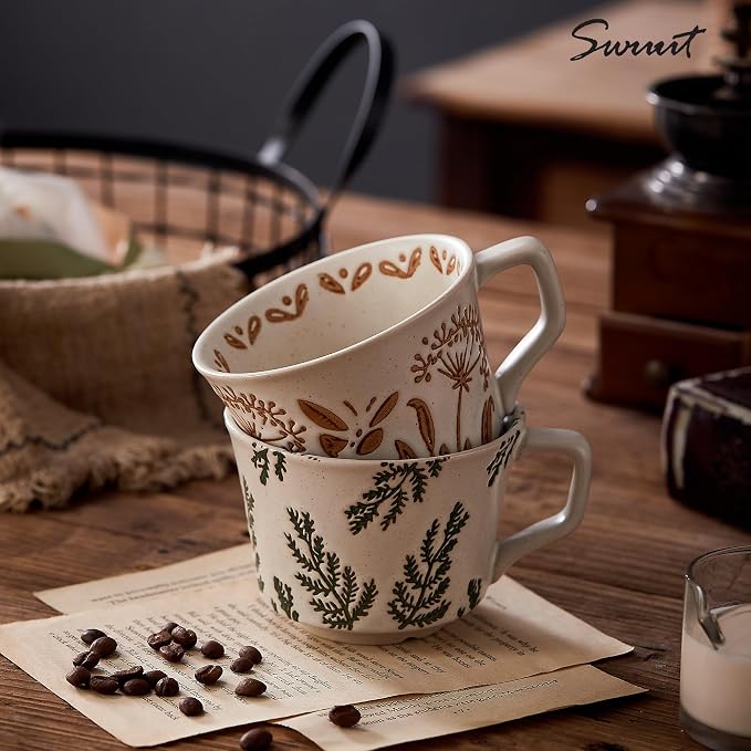 12oz Vintage Ceramic Coffee Mug Set of 2 - Handmade Stoneware Pottery Countryside Farmhouse Fall Autumn Tea Mugs with Big Handle for Latte,Cocoa,Dishwasher & Microwave Safe Cups (Plants) - Image 2