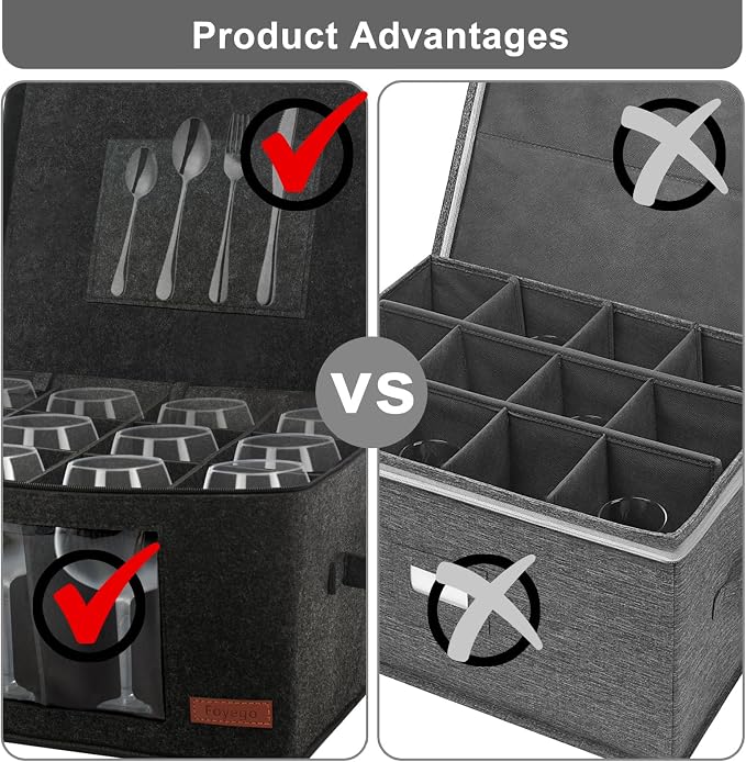 Foyego Wine Glass Storage Box with 24 Dividers, Dark Gray, 2 Pack | Visible Window, Soft Handles, for Packing and Moving, Stackable Storage Containers for Stemware, Glassware, Crystal Glasses - Image 5