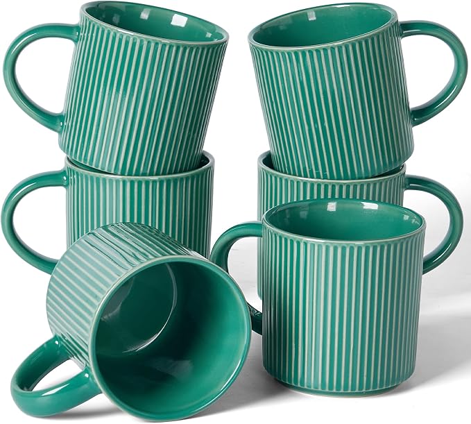 famiware Coffee Mug Set for 6, Star 12 oz Catering Mugs Cup Set with Handle for Coffee, Tea, Cocoa, Milk- Ceramic Stoneware Drinkware Set, Sage Green by Famiware