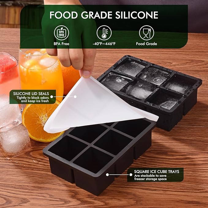 Ice Cube Tray, SLGOL Ice Trays for Freezer with Lid, Easy Release large Ice Cube Molds, Silicone ice cubes mold for Whiskey, Stackable Square Ice Tray for Cocktails Whiskey Juice Coffee 【6 square】