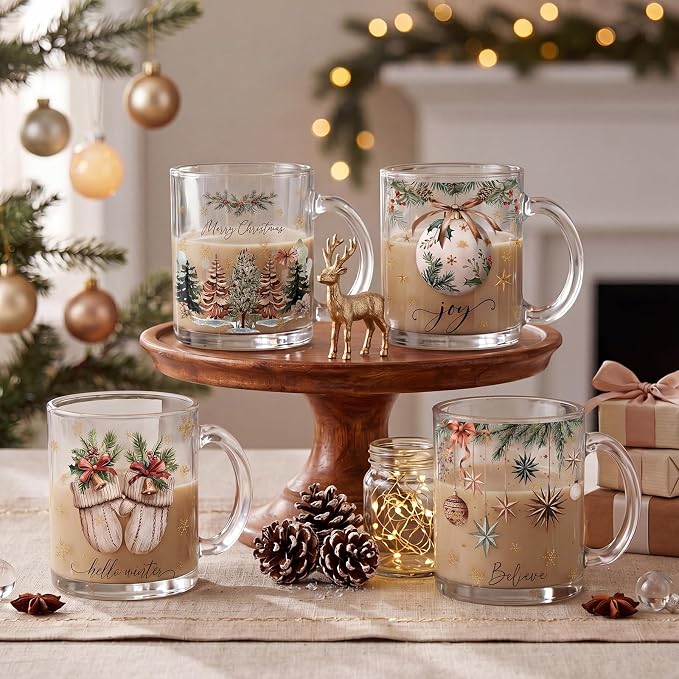 Tioncy 4 Pcs Christmas Mugs 12 oz Xmas Tea Cups with Handles Christmas Tree Coffee Cup Holiday Mugs Set Festive Xmas Cup Drinking Gift for Coffee Lovers Santa Collectible Containers Holiday Party - Image 2