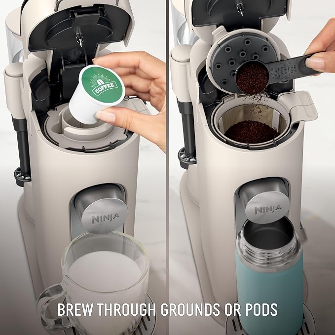 Ninja Pod & Grounds, XL Coffee Maker, K-Cup Compatible, Stone, PB055AST | Brews Grounds, Compact Design, Built-In Milk Frother, 68-oz. Reservoir, 6-oz. Cup to 24-oz. Mug Sizes - Image 3
