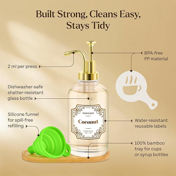 Glass Coffee Syrup Dispenser for Coffee Bar - Set of 4 Gold 500 ml / 16.9 oz Glass Syrup Bottles, Includes 2 Bamboo Trays, 16 Stencils, Labels, Coffee Bar Accessories