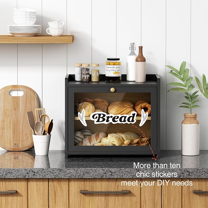 Goozii 2 Tier Bread Box for Kitchen Countertop Black, Double Layer Breadbox for Counter Top, Large Wood Vintage Bread Storage Container for Homemade Bread, Corner, Under Cabinet, Pantry - Image 4