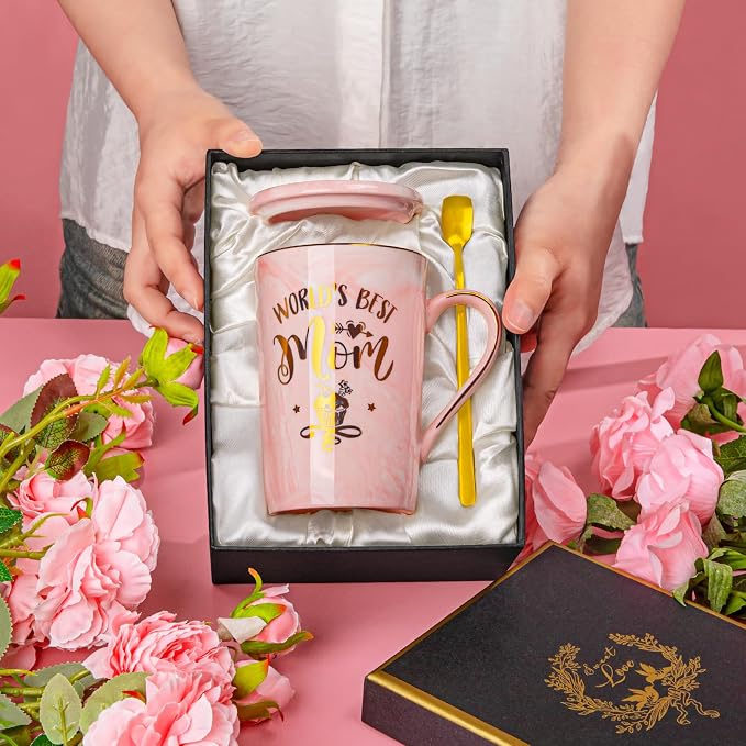 Birthday Gifts for Mom from Daughter Son Kids - Funny Birthday Gift Ideas for Mothers Wife Women - 14Oz Marble Ceramic Best Mom Coffee Mug with Lid Spoon Card, Box, Unique Moms Cup Gifts-Boxed Set | Unique Mom gifts Pink Marble Ceramic Cup With Lid Spo... - Image 3