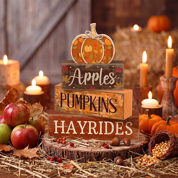 Moucuny 4 Pcs Fall Pumpkin Decor Fall Decorations for Home Wooden Pumpkin Decor Thanksgiving Table Centerpiece Rustic Hay Rides Autumn Stacked Block Signs Farmhouse for Harvest Party Home Kitchen - Image 8