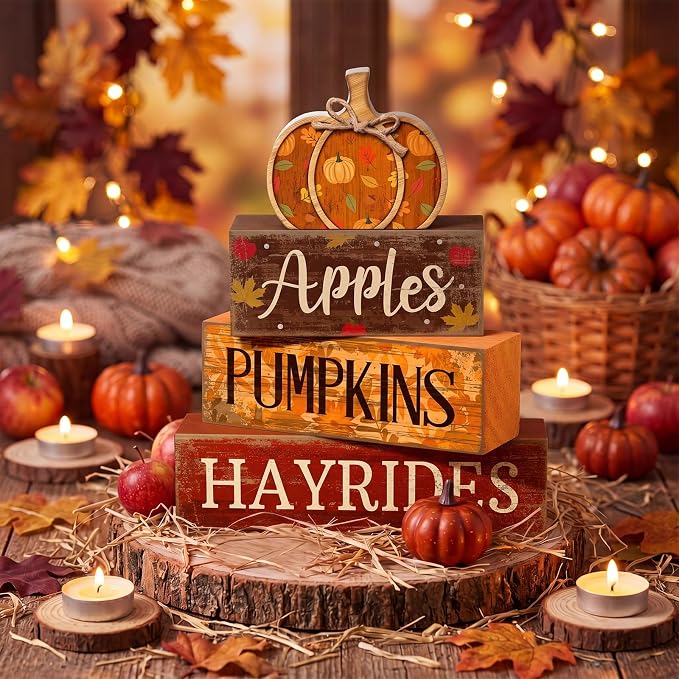 Moucuny 4 Pcs Fall Pumpkin Decor Fall Decorations for Home Wooden Pumpkin Decor Thanksgiving Table Centerpiece Rustic Hay Rides Autumn Stacked Block Signs Farmhouse for Harvest Party Home Kitchen - Image 2