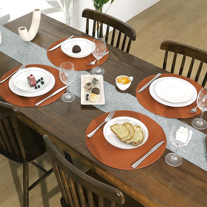 SHACOS Round Placemats Set of 4 for Dining Table 15 inch Round Braided Fall Placemats Washable Kitchen Table Mats Home Decor, Dark Orange - Image 2