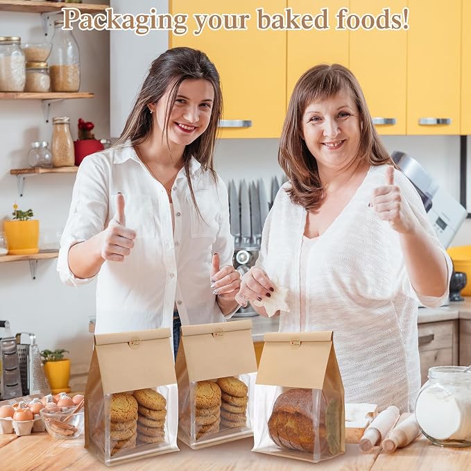 Fullhawl 180 Pcs Bakery Bags with Window, Kraft Paper Cookie Bags with Tin Tie for Sourdough, Pastry, Homemade Baked Goods, Storage Packaging (11.02 x 6.3 x 4.33 Inches) - Image 4