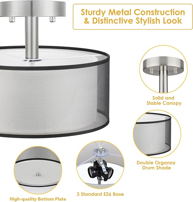 FOLKSMATE Semi Flush Mount Ceiling Light Fixture, 3-Light Drum Light with Double Fabric Shade, Modern Black Close to Ceiling Lighting for Living Room, Bedroom, Dining Room, Kitchen, Hallway, Entry - Image 3